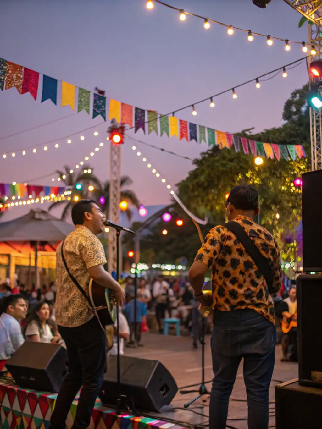 A dynamic image of a local band performing live at a CA2000-organized community festival, with a diverse audience enjoying the music, highlighting the organization's role in promoting local talent.