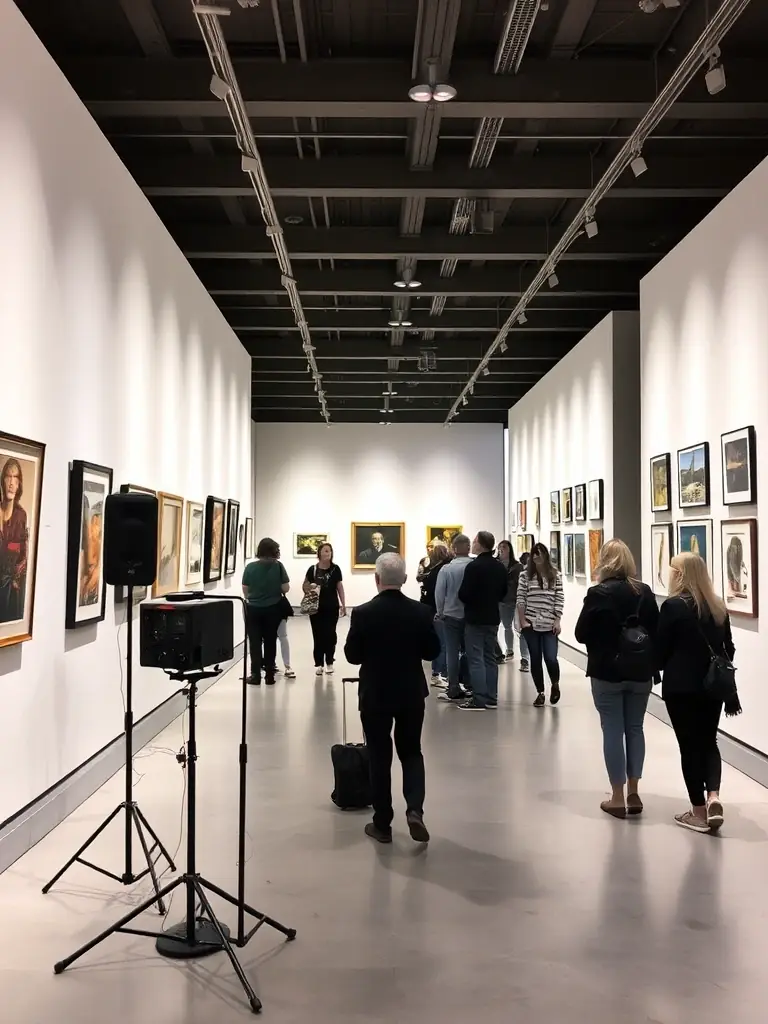 A captivating photo of an art exhibition in Colombies, showcasing a variety of artworks from local artists, emphasizing the organization's support for artistic talent and cultural exchange.