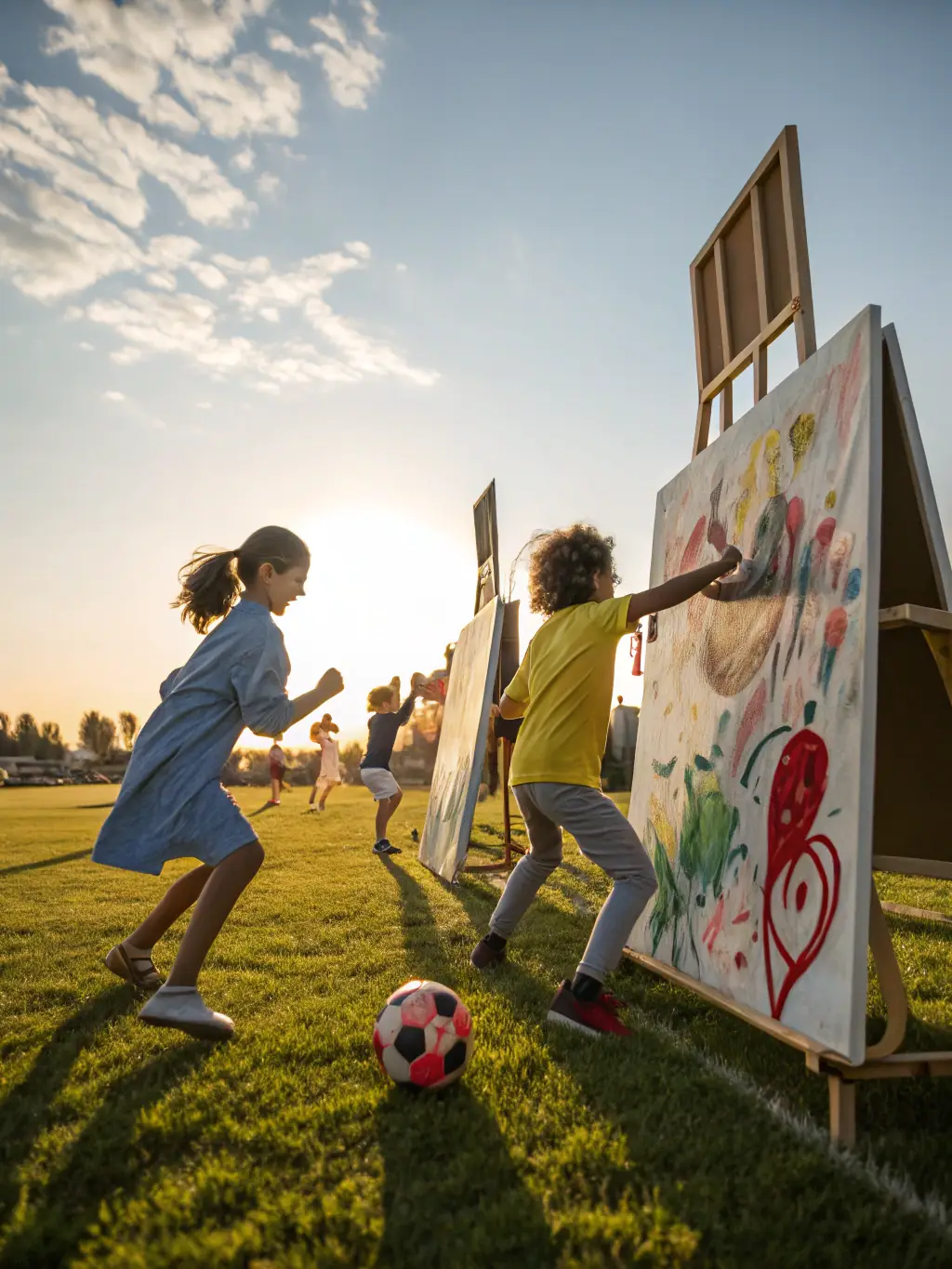 A photograph capturing a vibrant outdoor art workshop in Colombies, with participants of all ages engaged in painting and sculpting, showcasing community involvement and creative expression.